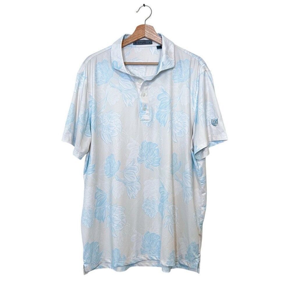 G/Fore Stamped Floral Tech Jersey Polo in Stone Tan White Blue Size XXL